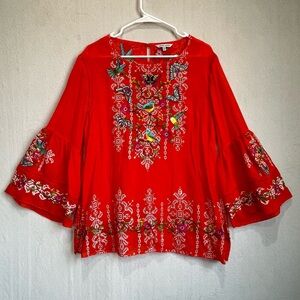 John Mark Vibrant Orange Pictures looks red Embroidered Bell-Sleeve Blouse